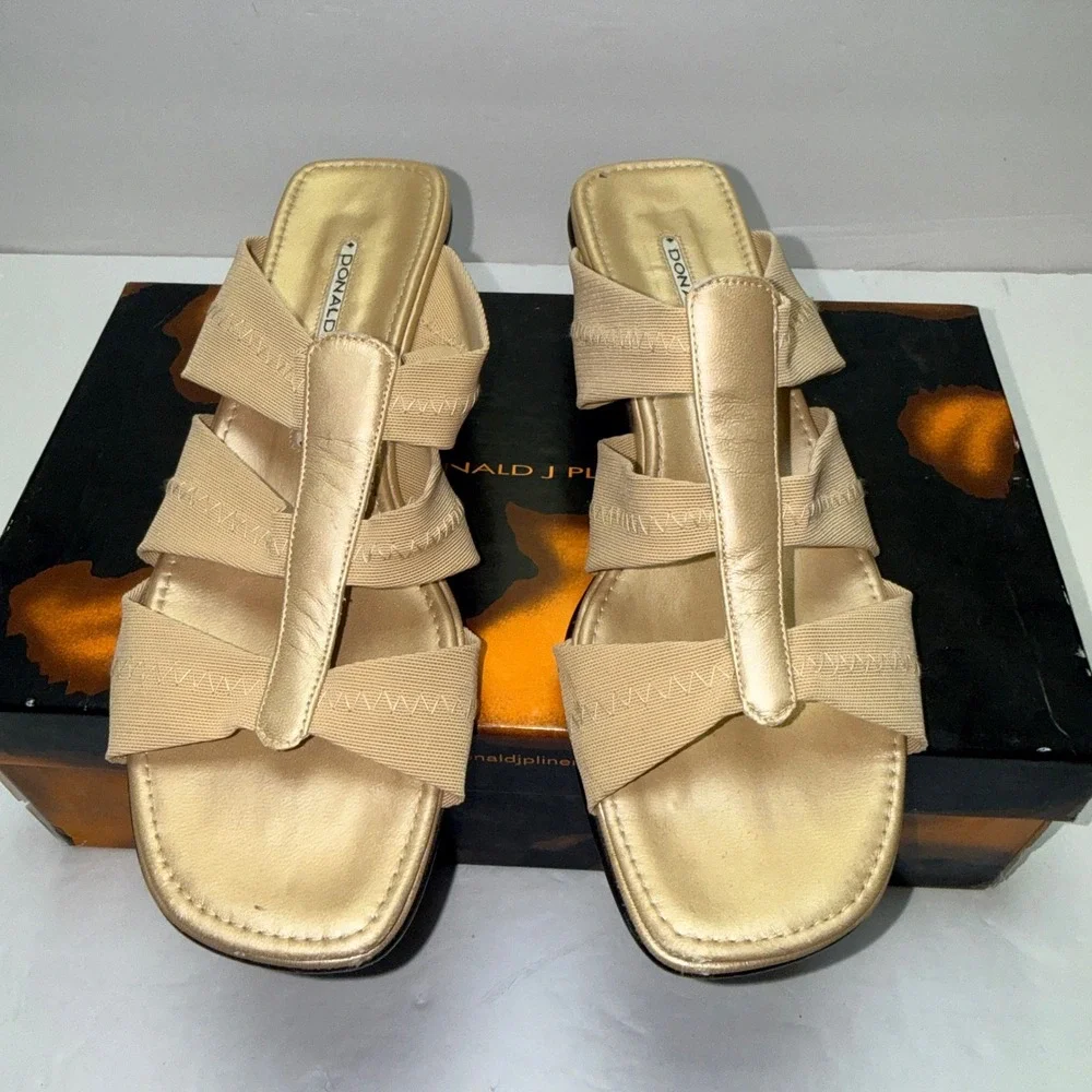 Donald J Pliner Darja Sand Mesh‎ Elastic Nappa Leather Wedge Sandals Tan 6.5M
